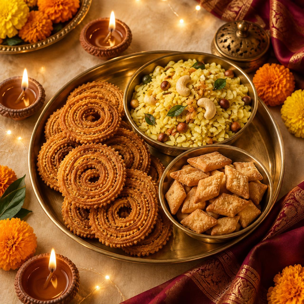 Diwali faral platter with chakli, chivda and shakarparra